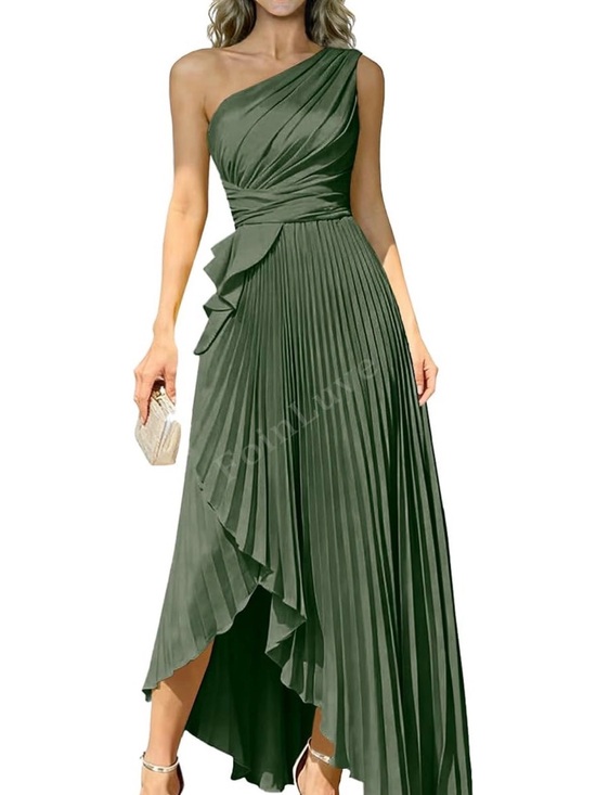Dresses & Skirts - One-Shoulder Olive Green Pleated Evening Gown